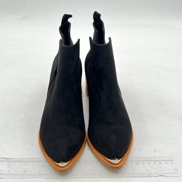 Women's Ankle Boots Slip on Cutout Pointed Toe Chunky Stacked Mid Heel Black - Picture 3 of 6